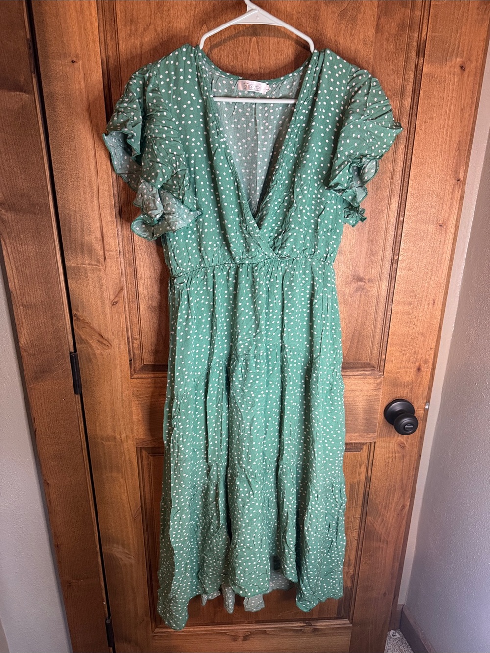 Green Polka-Print V-Neck Ruffle Midi Dress